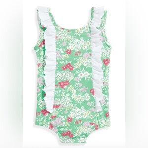 BELLA BLISS Toddler Floral Green and Ruffle One Piece Bathing Suit Size 3